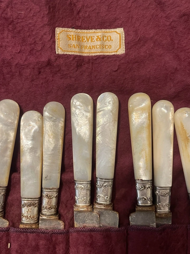 Faca de cabo de madrepérola antiga Shreve Co placa de prata 7” (conjunto de 20) - Imagem 2 de 4