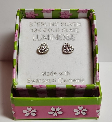 Earrings Luminesse 18k over Sterling Silver 925 Heart Stud w/Swarovski Elements