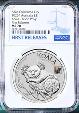 2025 Silver Koala w/Bison Privy NGC MS 70 1oz $1 ANA Oklahoma WFM Money Fair FR
