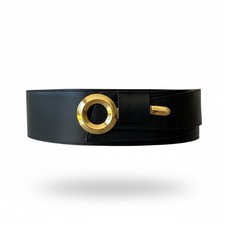 Vtg 80s Black Leather Belt Gold Round Buckle Sz M Classic