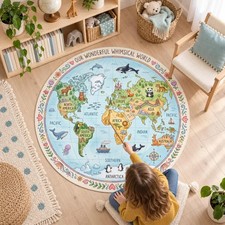 World Map Round Rug, Animal Geography Mat, Kids Playroom