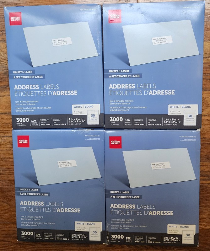FOUR PACKS Office Depot Addess Labels 612-011 Laser/Inkjet White 1 x 2 5/8 3000