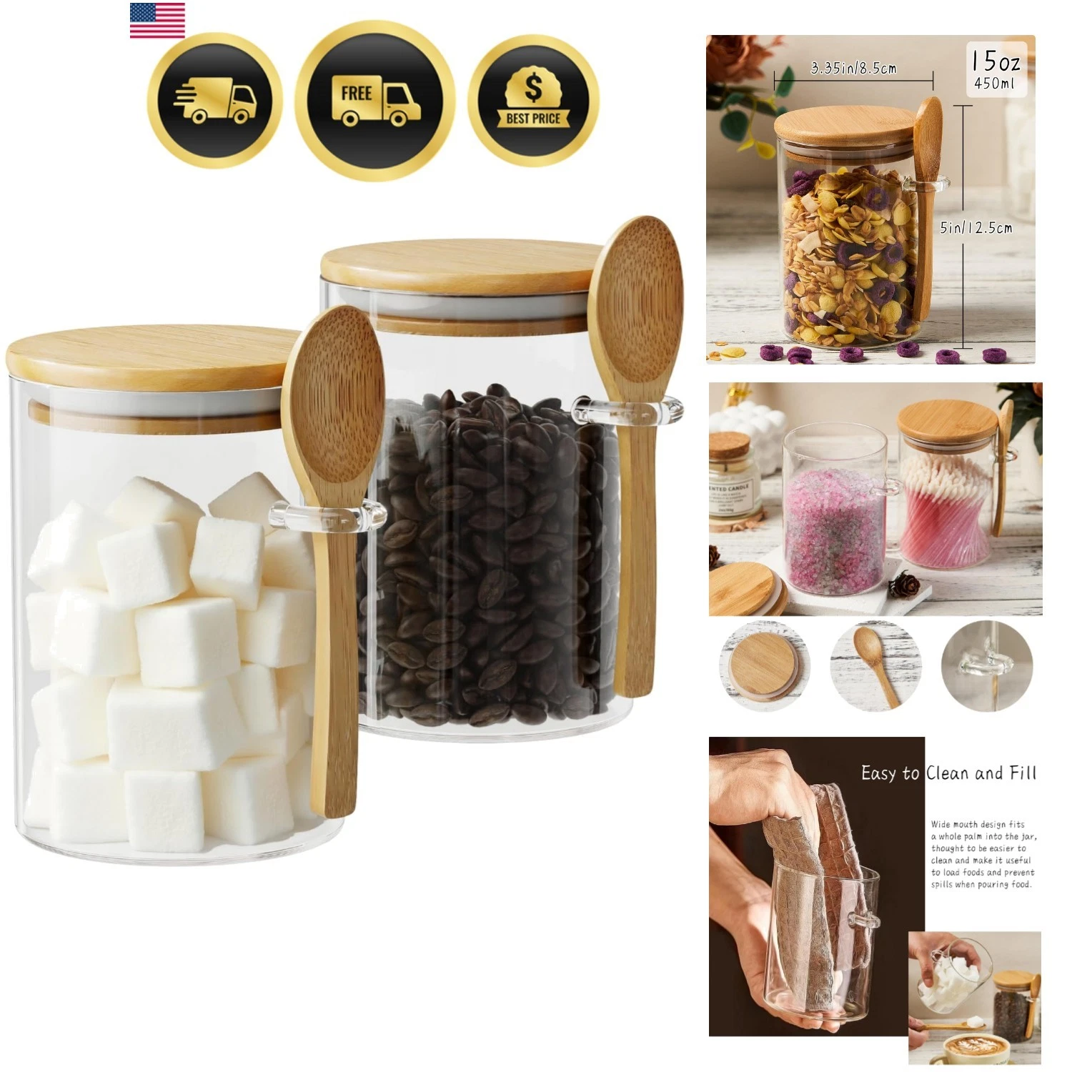 Glass Sugar Container with Spoon - 15oz Glass Jars with Bamboo Lid and Spoon,...
Opens in a new wind