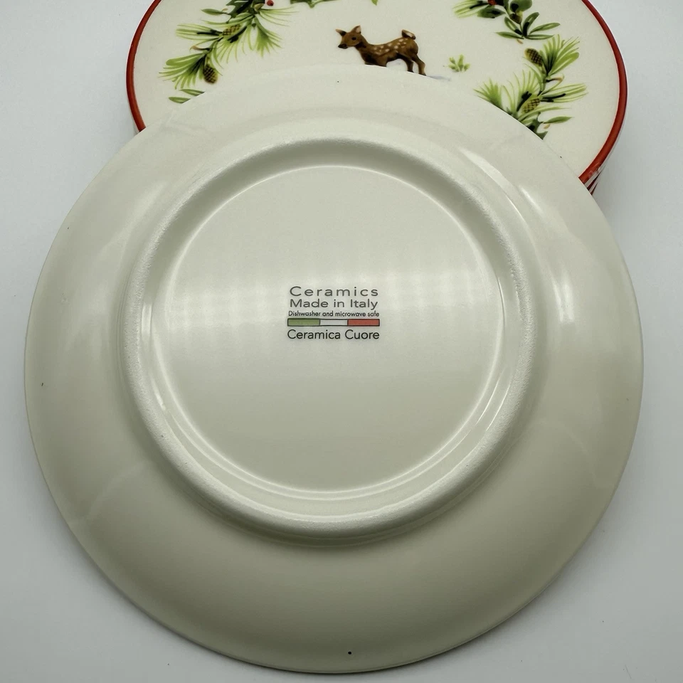 4 platos de ensalada de cerámica Cuore de 8" ciervo cervatillo Italia borde rojo bayas de acebo Foto 4 de 4