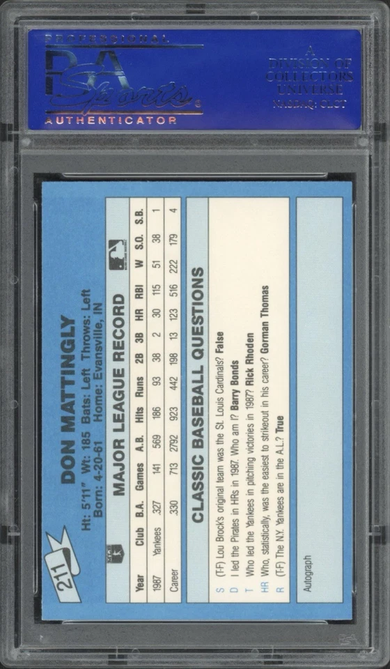 1988 Classic Travel Don Mattingly Update II Blue #211 PSA 9 Mint Yankees - Image 2 of 2