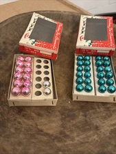 Vintage Shiny Brite Mini Glass Ornaments Box Set of 38 Green Pink Silver 12mm