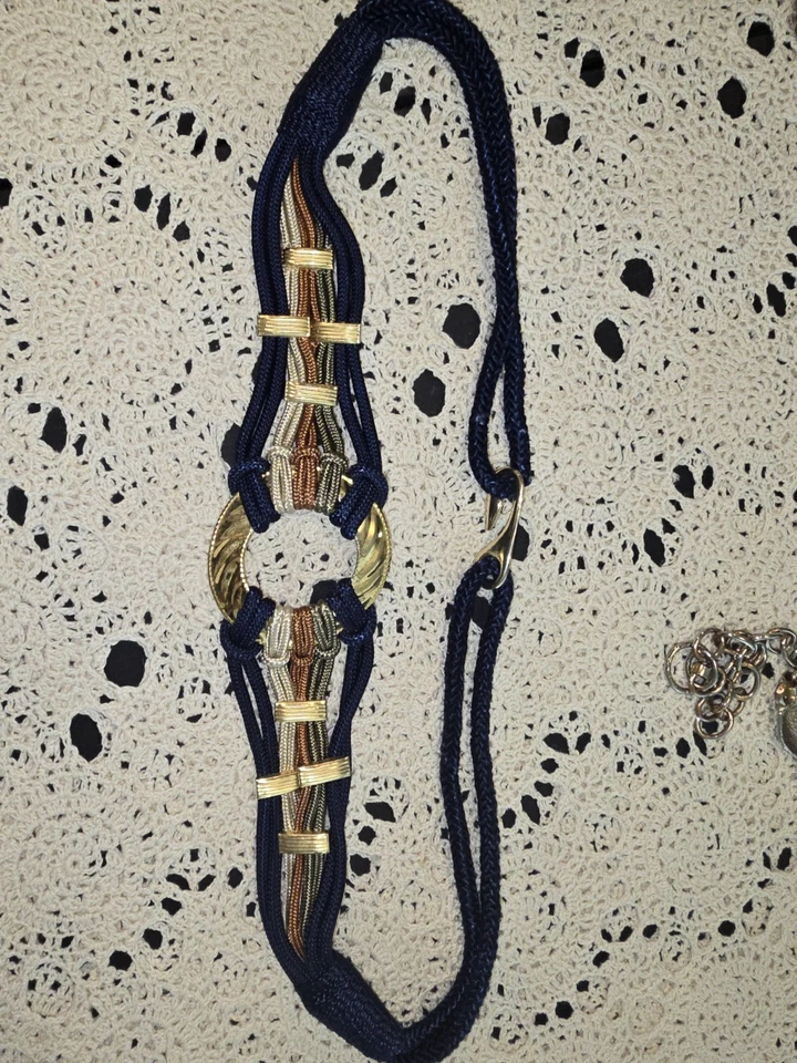 80s Vintage Rope Braided Cord Belt Gold Medallion Buckle, Stretch XL - Image 3 of 4
