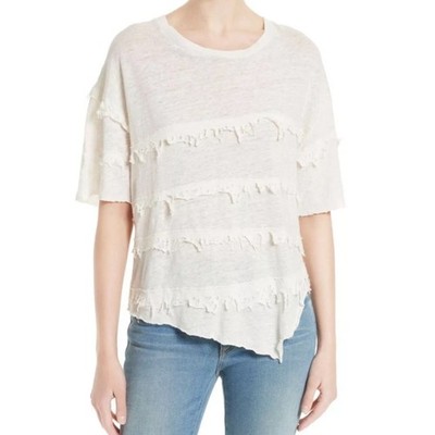 IRO Jeans Linen Distressed Birtie Short Sleeve White Shirt XS Raw Hem Frayed Top