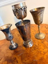 Vintage Judaica Jewish Hebrew Shabbat Kiddush Cups 4 Judaism Israel Silver Plate