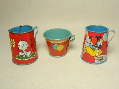 Lot of 3 Vtg Ohio Art Tin Tea Set Pieces: Pitcher *As-Is, DAMAGED*