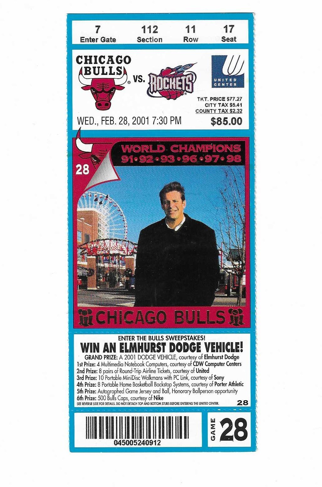 Chicago Bulls vs Houston Rockets Unused Basketball Ticket from 2/28/2001