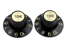 2 TONE Black Witch Hat KNOBS w/ GOLD Reflectors for Gibson, CTS Fine Spline Pots