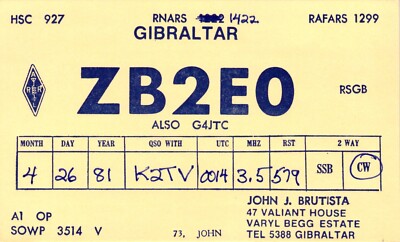 Rnars Gibraltar ZB2EO QSL Radio Postcard
