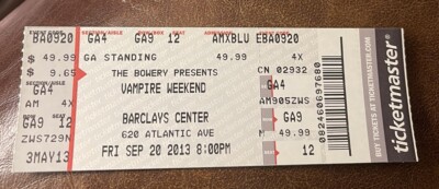 VAMPIRE WEEKEND/SKY FERREIRA RARE UNUSED CONCERT TICKET BROOKLYN, NY 09/20/2013