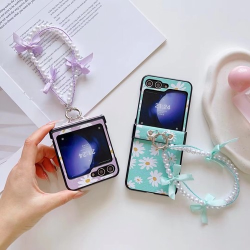 For Samsung Z Flip 6/5/4/3 Hot stamping daisy bow pearl Bracelet Hinge Case - Picture 10 of 13