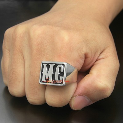 Men’s Stainless Steel MC Initial Biker Ring – Sizes 8-14, 316L Metal, USA Seller