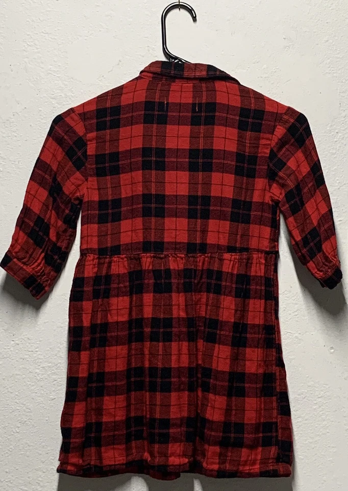 Old Navy Girl’s Dress 3/4 Sleeve Collared Red Black Plaid Size S 6-7 - Image 3 of 4
