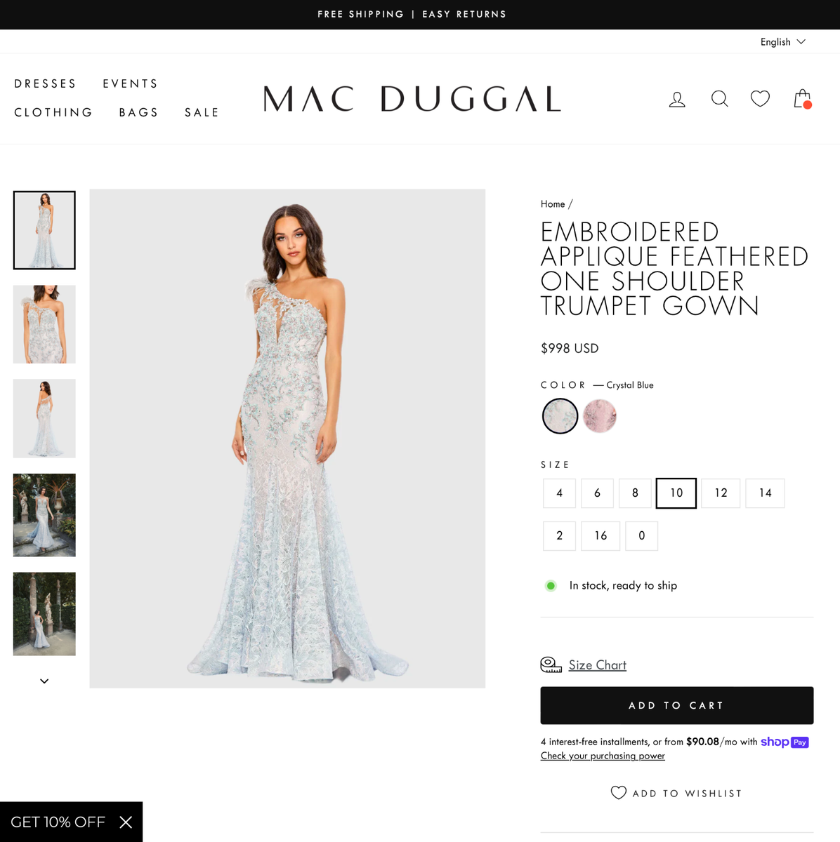 NWD $998 Mac Duggal [ 10 ] 79264 Embroidered Feathered One