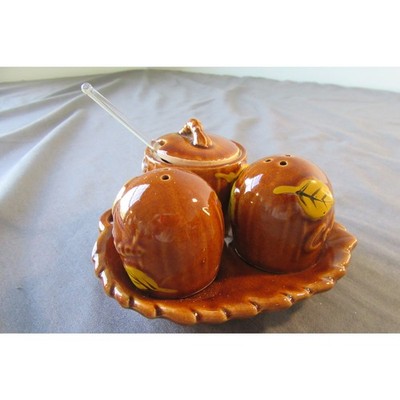 Vtg. Ceramic Acorn Salt Pepper Honey/Jam Container Mini Spoon Leaf Dish Colorado
