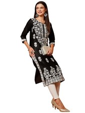 GoSriKi Women's Rayon Blend Straight Fit Straight Chikankari Embroidered Kurta
