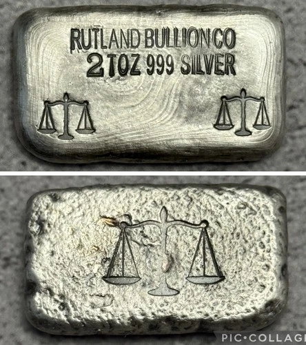 Rutland Bullion Co. 2 oz Hand Poured Silver Bar .999 Fine Silver