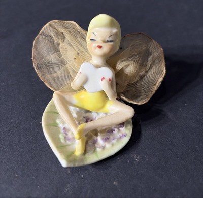 Vtg Fairy Pixie Tinker Bell Ceramic Figurine Mesh Wings Holding Heart Japan