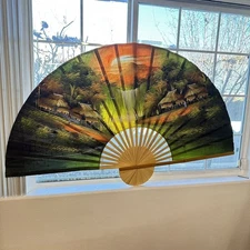35 in BAMBOO FAN HAND PAINTED WALL ART SERENE ASIAN   VILLAGE DECORATIVE ARTWORK