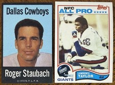 1982 TOPPS LAWRENCE TAYLOR RC #434 & 1972 NFLPA CLOTH ROGER STAUBACH RC READ DES