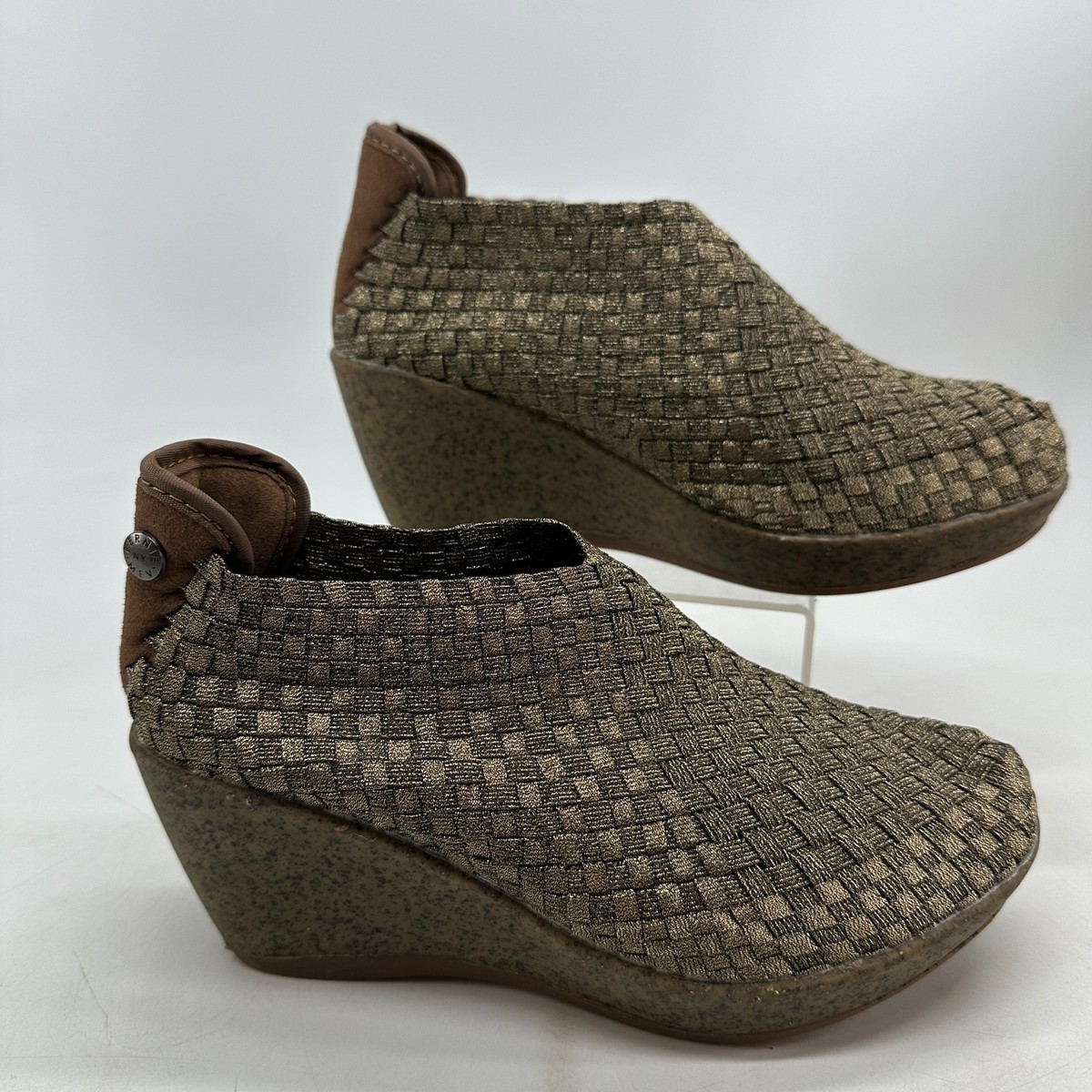 Bernie Mev Gem Booties Gray Women's Size 37 Weave Ankle Slip-On Wedge Heel