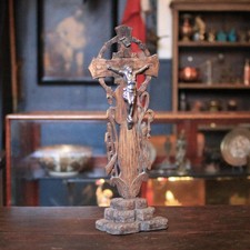 Antique Carved Wooden Crucifix With Metal Corpus - Black Forest - 43 cm / 16.9"