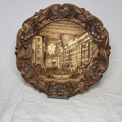 Vintage Innsbruck Austria Relief Wall Plaque Alpine City Carved Look 9