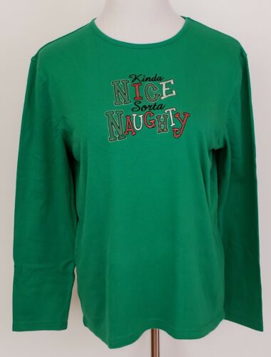 Women Christmas Top T Shirt Size XL Green Naughty Nice Pullover Long Sleeve