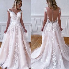 Elegant Pink Wedding Dresses V Neck Lace Applique Bridal Gowns Train Sleeveless