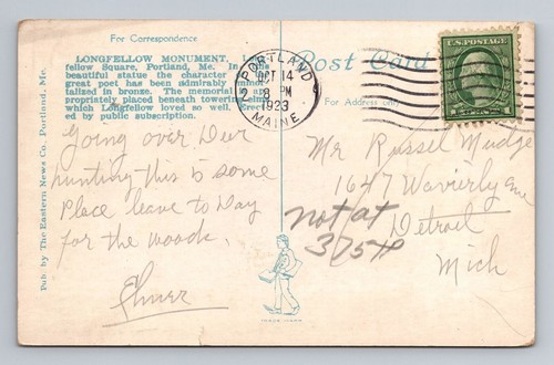 Portland ME-Maine, Longfellow Monument & Square, Vintage c1923 Souvenir Postkarte - Bild 2 von 2