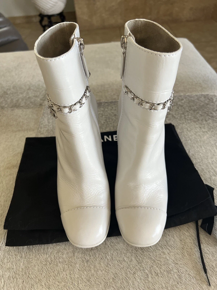 Chanel White Leather Ankle Boots 36.5 With Silver Logo Chain Accent