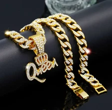 Iced CZ 14K Gold Plated Queen Crown Pendant 10mm 18" Cuban Chain Necklace