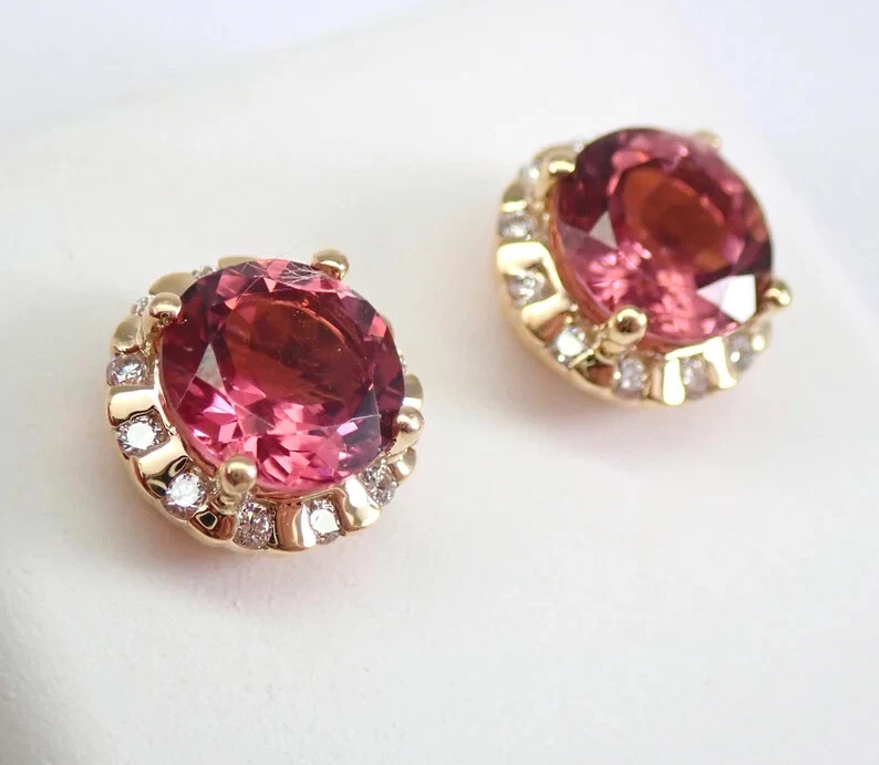 2.50Ct Round Natural Pink Tourmaline Stud Earrings 14K Yellow Gold Plated Silver - Image 3 of 4