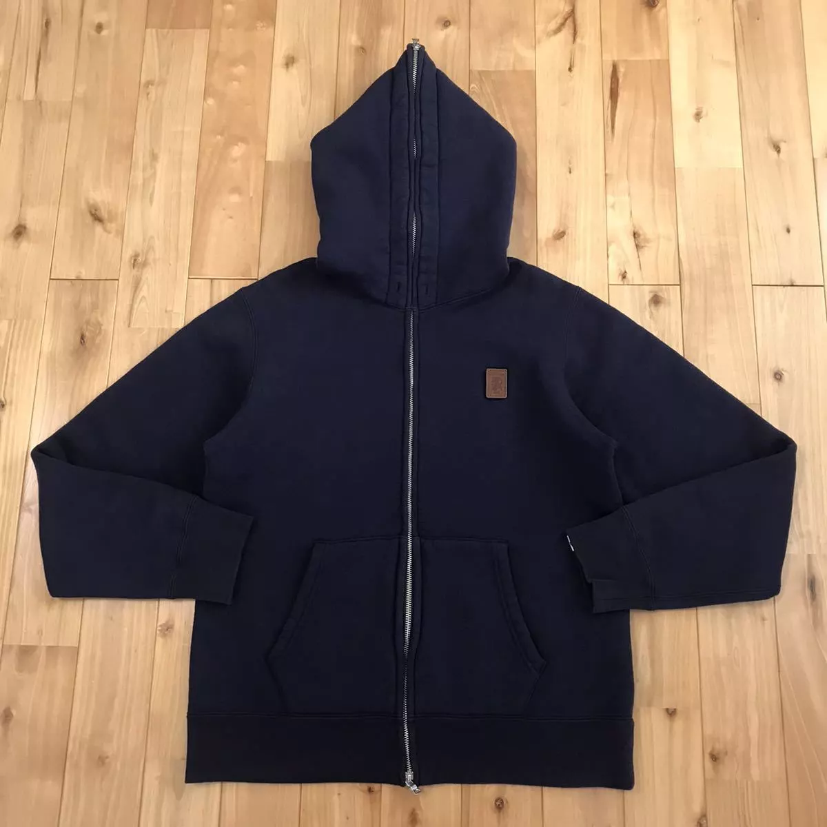 BAPE general logo leather patch Full zip hoodie Navy A Bathing Ape Size M