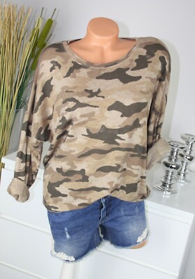 ITALY MODA Pulli CAMOUFLAGE Motive Longsleeve Shirt BRAUN SAND S M 36 38 H/M-63