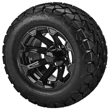 (4) Golf Cart 22x10-12 Trail Fox A/T Tires on 12x7 Gloss Black Viking Wheels