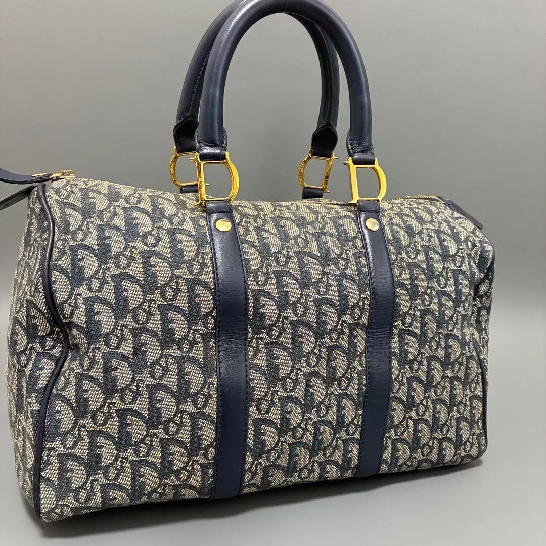 Mini sac Boston motif trotteur Christian Dior D raccord métal bleu marine 250321H