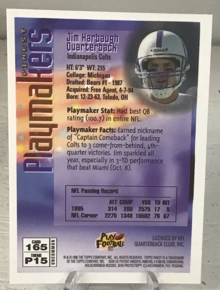 1996 Topps Finest Playmakers Jim Harbaugh #165 (NM) - Image 2 of 2