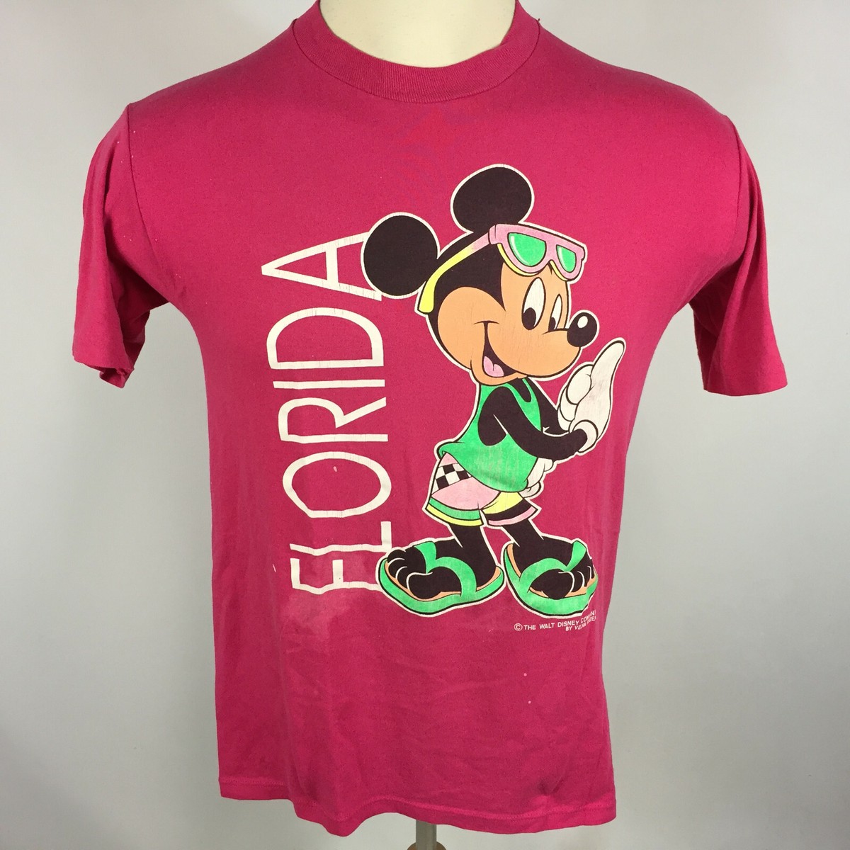 Vintage 80s 90s Florida Mickey Mouse Neon Hot Pink Distressed Thin