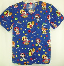Disney Halloween Mickey Mouse Minnie Donald Scrub Top Mock Crossover Blue Size M