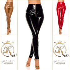Koucla Womens High Waist Wet Look Leather Look Faux Leather Pants Zip Milax Fashion