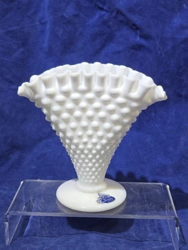 Vintage Fenton 6" High Hobnail White Milk Glass Fan Vase w/ Ruffled Rim - Nice
