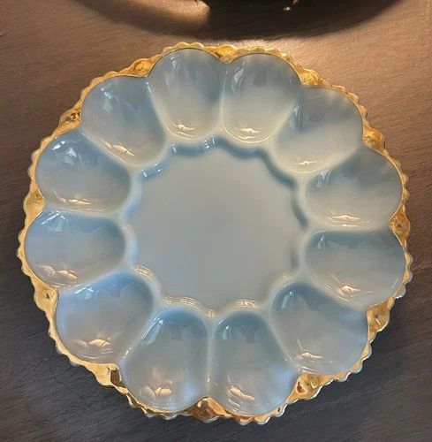 Vintage BLUE Opaline Anchor Hocking Milk Glass Deviled Egg Plate 10 Inches