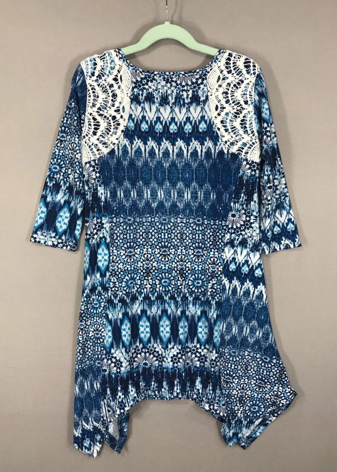 Vestido Camisa MUDD Niña 7-8 Azul Blanco Geométrico Crochet Encaje Línea A Manga 3/4 Foto 2 de 4