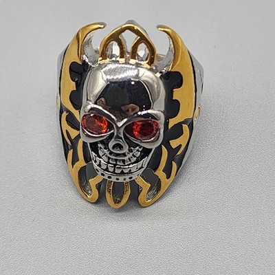 Gold Tone Stainless Steel Skull Cross Ring-Biker Ring-Men's Ring Size 15