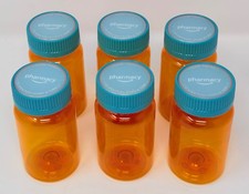 Lot 6 Amazon Pharmacy Empty Amber Rx Pill Bottles Teal Cap Crafts Storage Travel